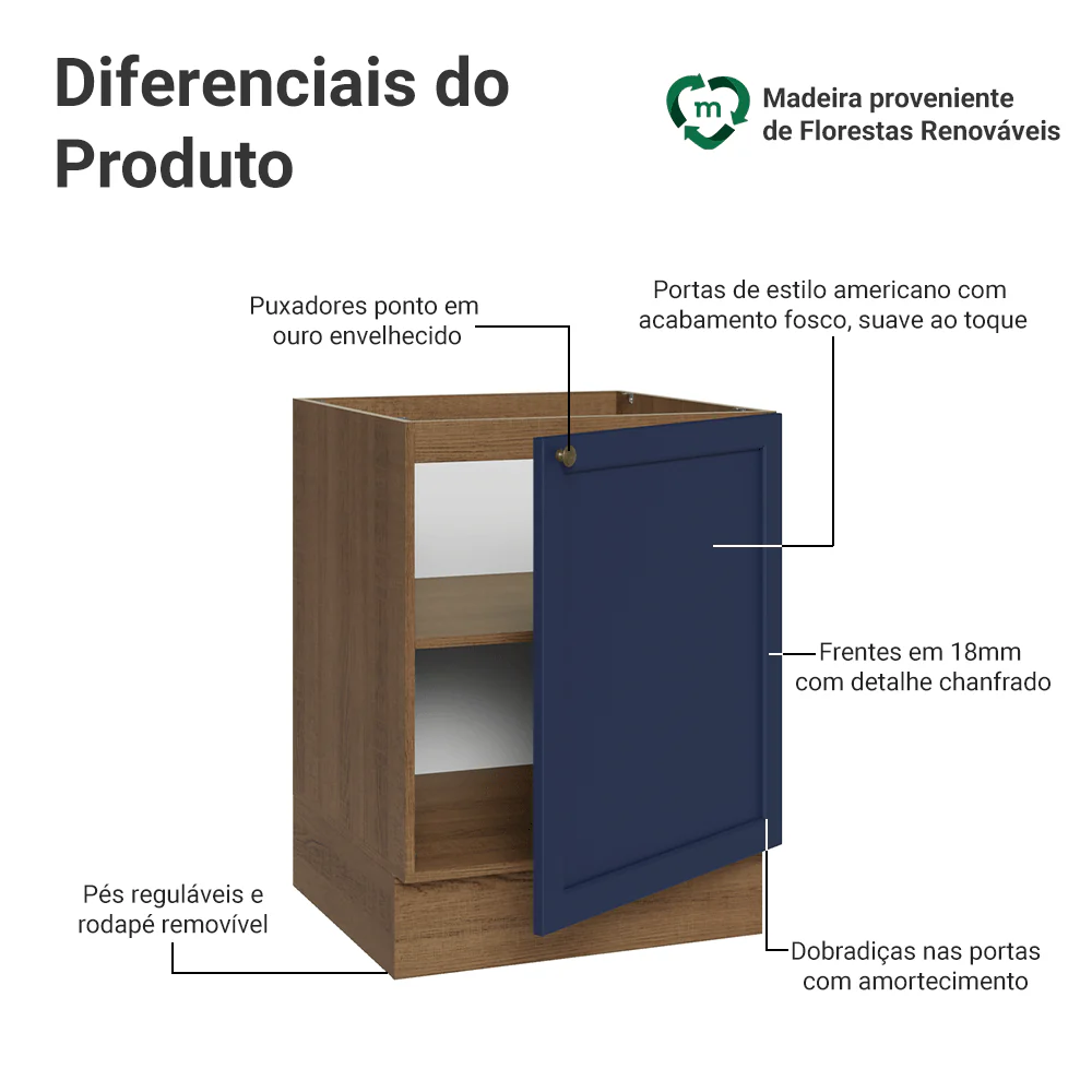 Balcão de Cozinha 60 x 60 cm 1 Porta (Sem Tampo) Rustic/Azul Vik Madesa - Image 3