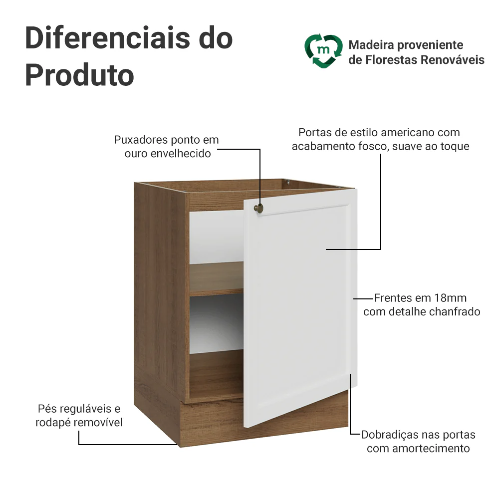 Balcão de Cozinha 60 x 60 cm 1 Porta (Sem Tampo) Rustic/Branco Vik Madesa - Image 3