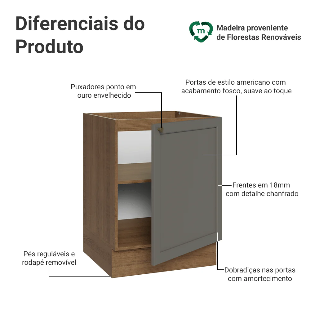 Balcão de Cozinha 60 x 60 cm 1 Porta (Sem Tampo) Rustic/Cinza Vik Madesa - Image 3