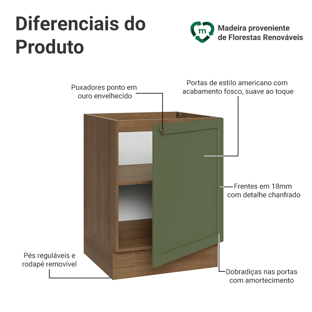 Balcão de Cozinha 60 x 60 cm 1 Porta (Sem Tampo) Rustic/Verde Vik Madesa - Image 3