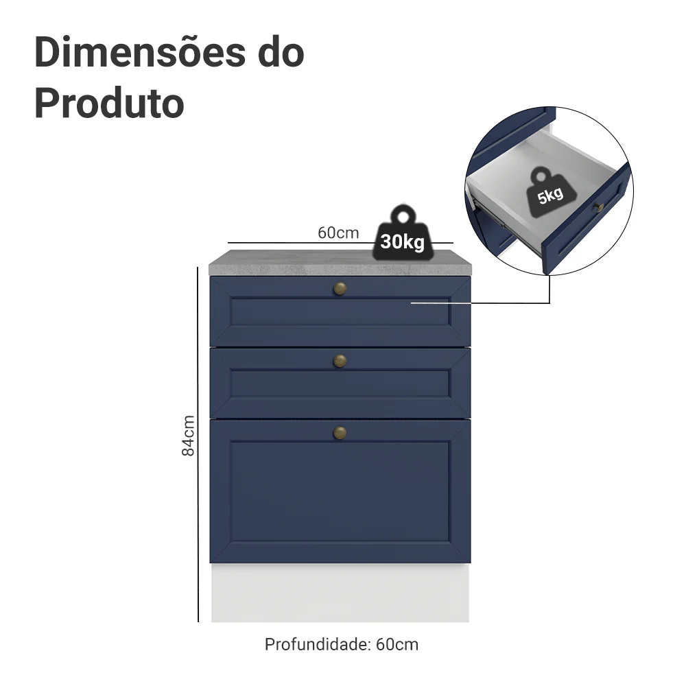 Balcão de Cozinha 60 x 60 cm 3 Gavetas (Com Tampo) Branco/Azul Vik Madesa - Image 2
