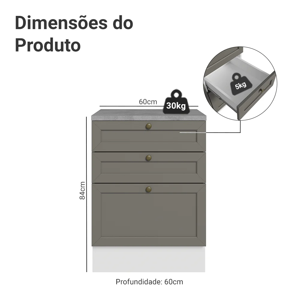 Balcão de Cozinha 60 x 60 cm 3 Gavetas (Com Tampo) Branco/Cinza Vik Madesa - Image 2