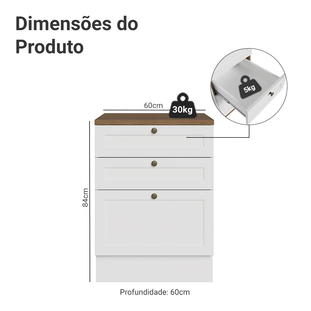 Balcão de Cozinha 60 x 60 cm 3 Gavetas (Com Tampo) Branco/Rustic Vik Madesa - Image 2