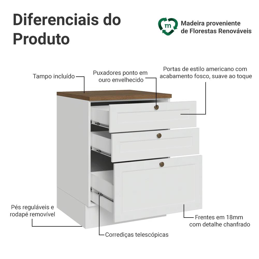 Balcão de Cozinha 60 x 60 cm 3 Gavetas (Com Tampo) Branco/Rustic Vik Madesa - Image 3