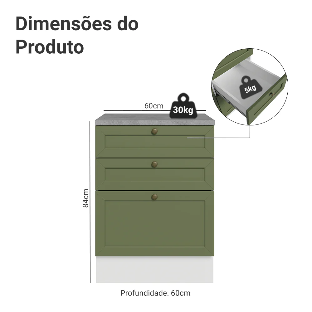Balcão de Cozinha 60 x 60 cm 3 Gavetas (Com Tampo) Branco/Verde Vik Madesa - Image 2