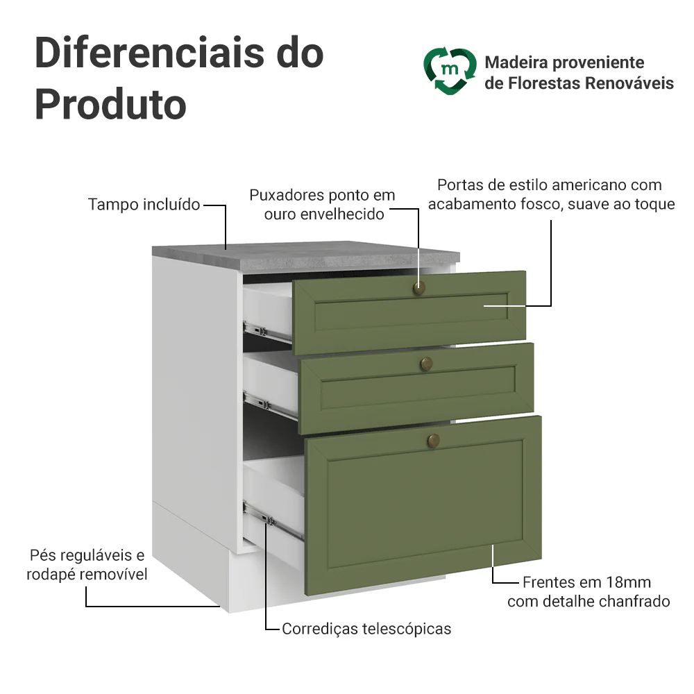 Balcão de Cozinha 60 x 60 cm 3 Gavetas (Com Tampo) Branco/Verde Vik Madesa - Image 3