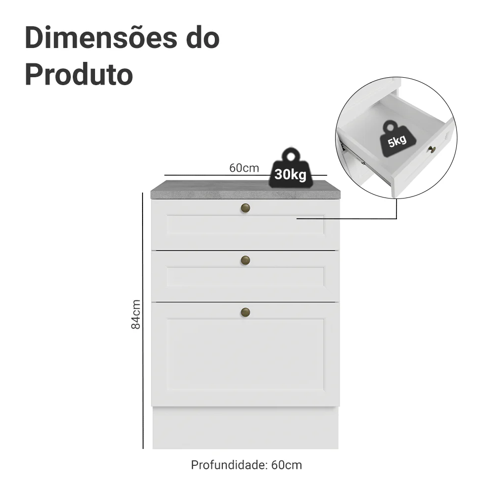 Balcão de Cozinha 60 x 60 cm 3 Gavetas (Com Tampo) Branco Vik Madesa - Image 2