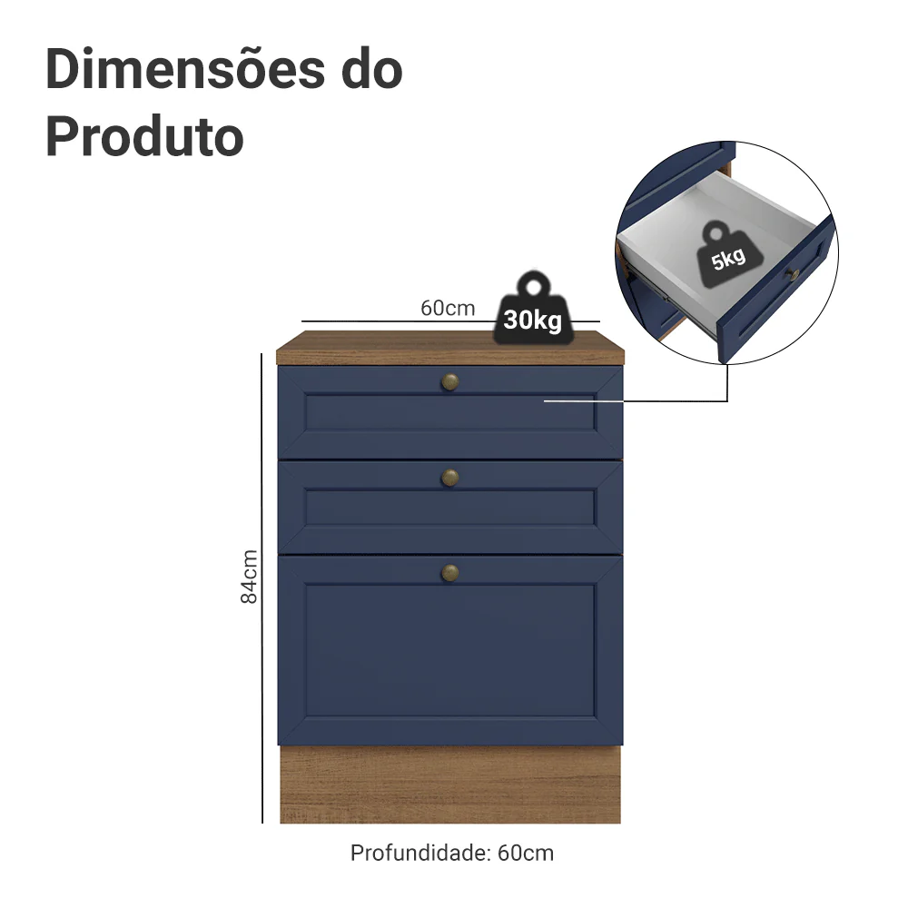 Balcão de Cozinha 60 x 60 cm 3 Gavetas (Com Tampo) Rustic/Azul Vik Madesa - Image 2