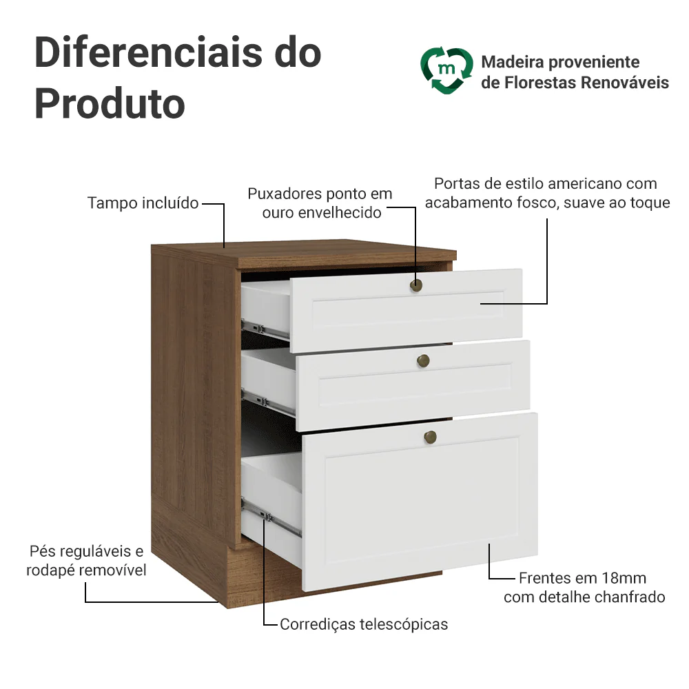 Balcão de Cozinha 60 x 60 cm 3 Gavetas (Com Tampo) Rustic/Branco Vik Madesa - Image 3