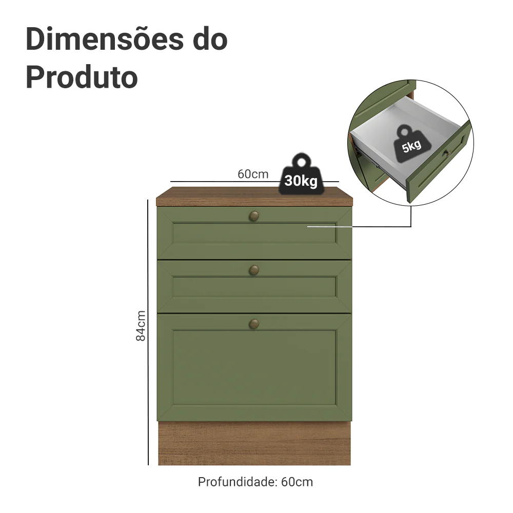 Balcão de Cozinha 60 x 60 cm 3 Gavetas (Com Tampo) Rustic/Verde Vik Madesa - Image 2