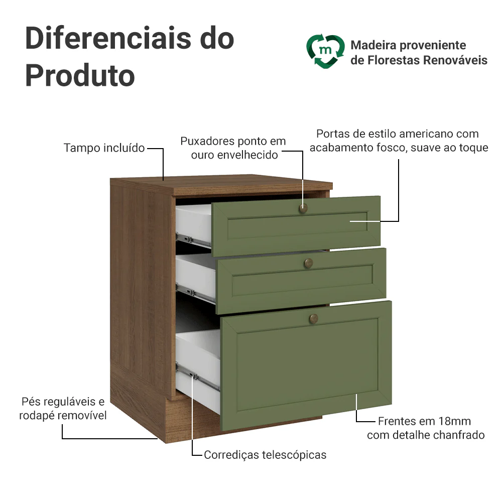 Balcão de Cozinha 60 x 60 cm 3 Gavetas (Com Tampo) Rustic/Verde Vik Madesa - Image 3