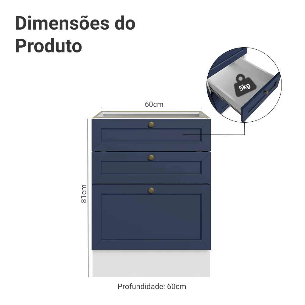 Balcão de Cozinha 60 x 60 cm 3 Gavetas (Sem Tampo) Branco/Azul Vik Madesa - Image 2