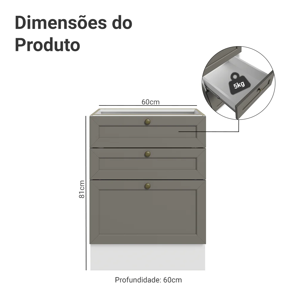 Balcão de Cozinha 60 x 60 cm 3 Gavetas (Sem Tampo) Branco/Cinza Vik Madesa - Image 2