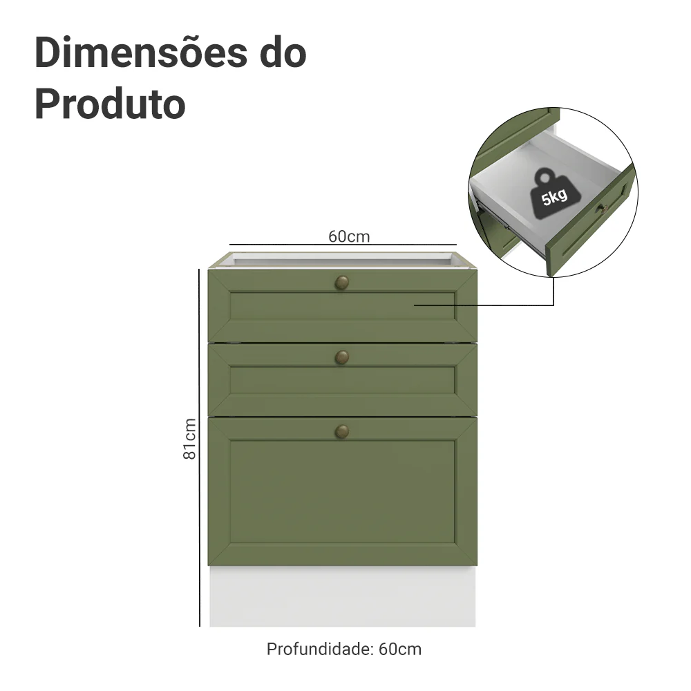 Balcão de Cozinha 60 x 60 cm 3 Gavetas (Sem Tampo) Branco/Verde Vik Madesa - Image 2