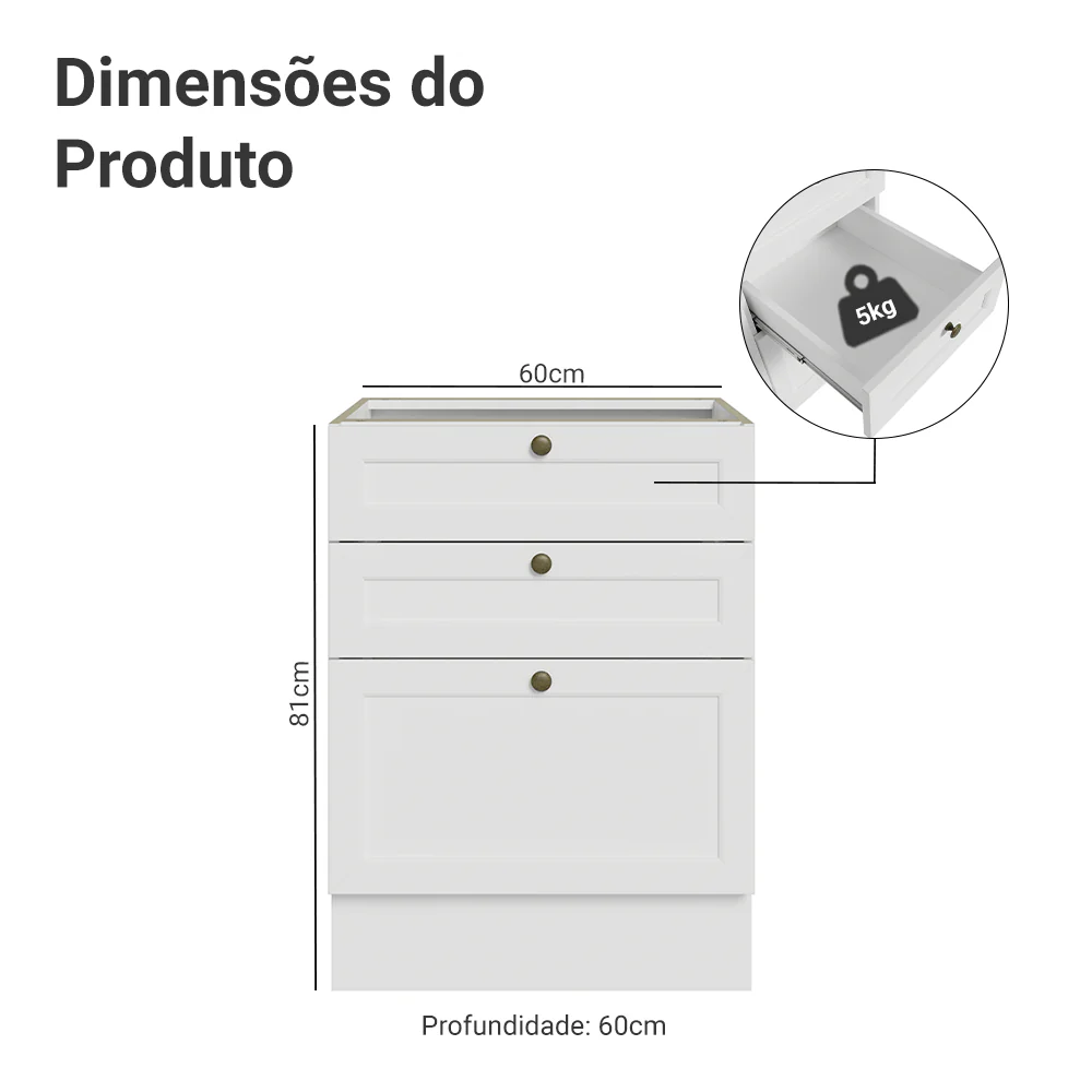 Balcão de Cozinha 60 x 60 cm 3 Gavetas (Sem Tampo) Branco Vik Madesa - Image 2