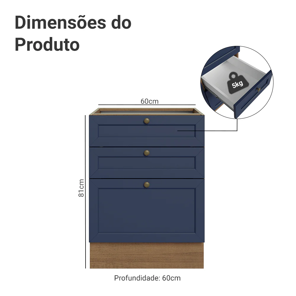 Balcão de Cozinha 60 x 60 cm 3 Gavetas (Sem Tampo) Rustic/Azul Vik Madesa - Image 2