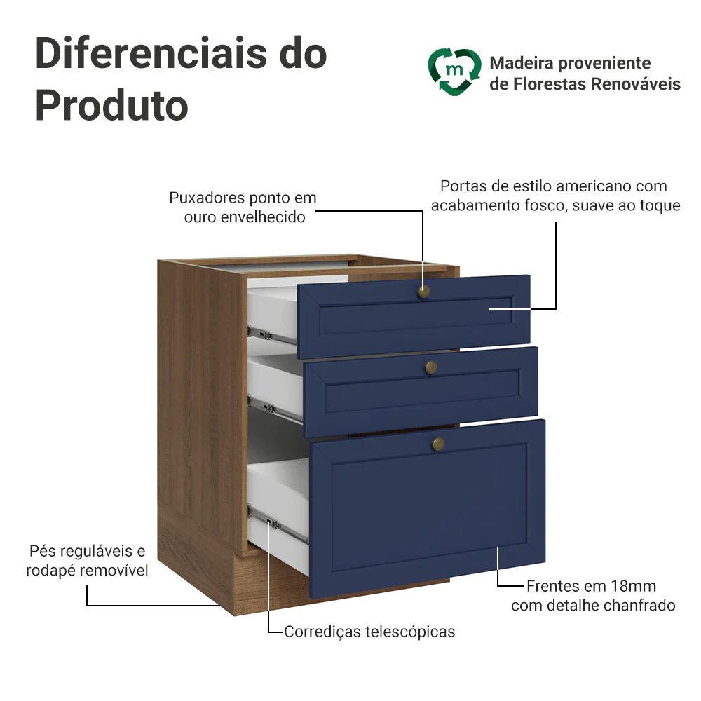 Balcão de Cozinha 60 x 60 cm 3 Gavetas (Sem Tampo) Rustic/Azul Vik Madesa - Image 3