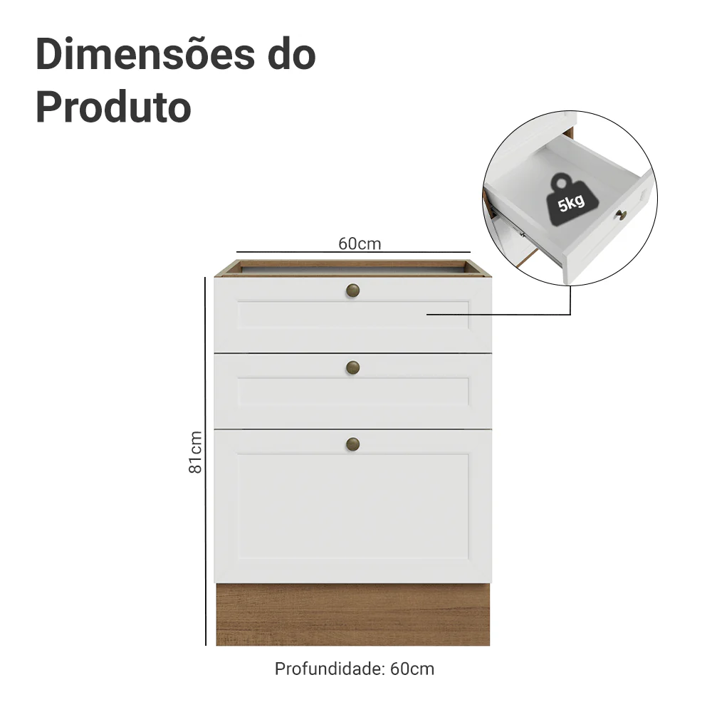 Balcão de Cozinha 60 x 60 cm 3 Gavetas (Sem Tampo) Rustic/Branco Vik Madesa - Image 2