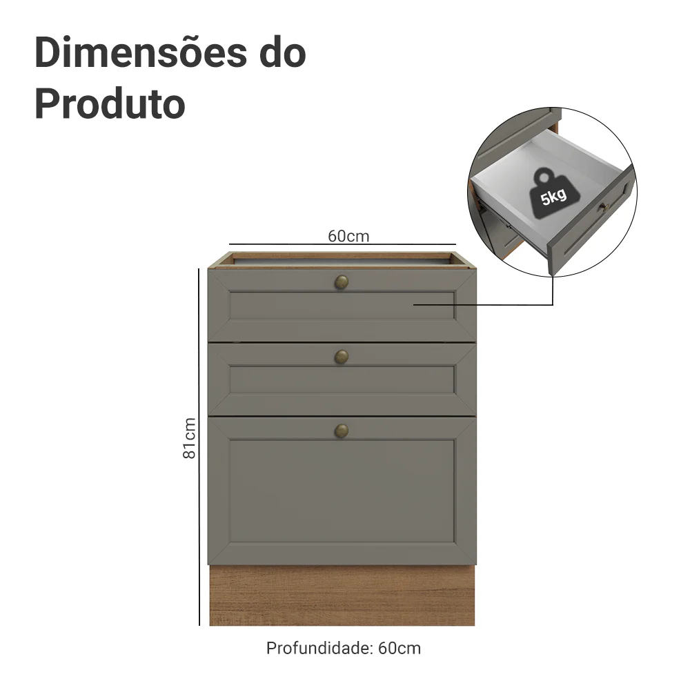 Balcão de Cozinha 60 x 60 cm 3 Gavetas (Sem Tampo) Rustic/Cinza Vik Madesa - Image 2