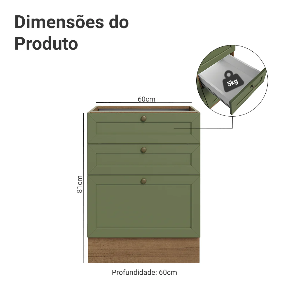 Balcão de Cozinha 60 x 60 cm 3 Gavetas (Sem Tampo) Rustic/Verde Vik Madesa - Image 2