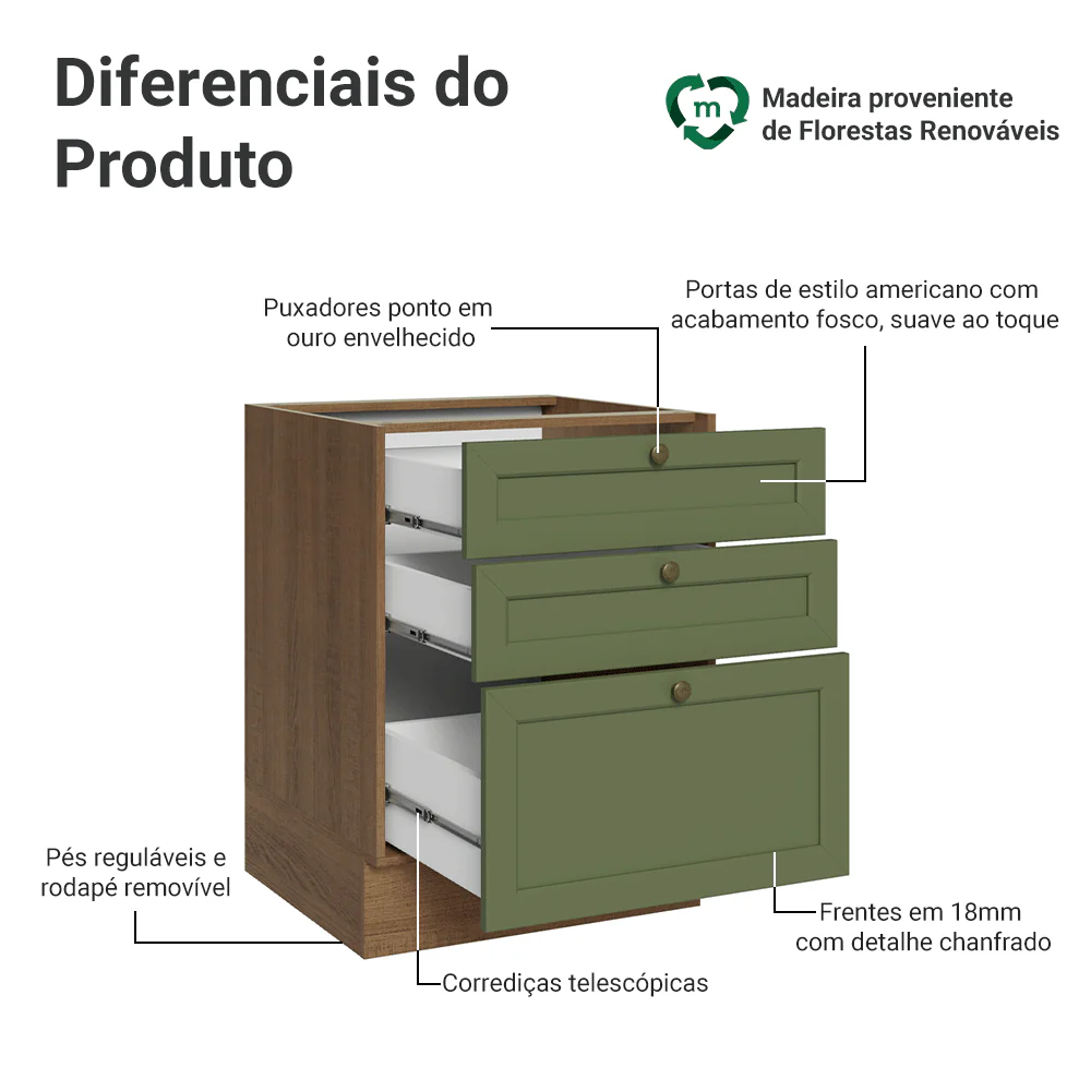 Balcão de Cozinha 60 x 60 cm 3 Gavetas (Sem Tampo) Rustic/Verde Vik Madesa - Image 3