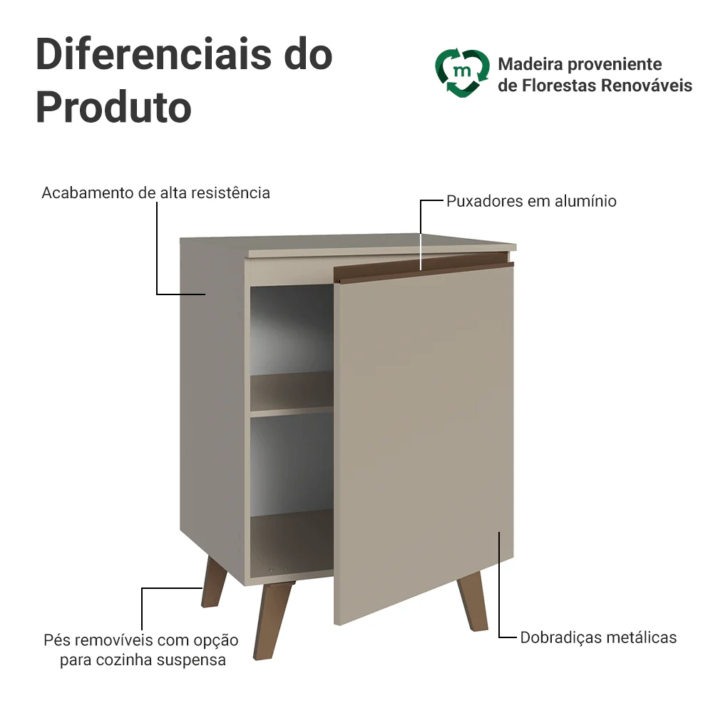 Balcão de Cozinha 60 cm 1 Porta Com Pés Crema Nice Madesa - Image 3