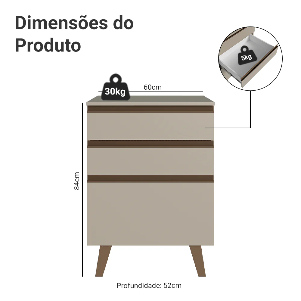 Balcão de Cozinha 60 cm 3 Gavetas Com Pés Crema Nice Madesa - Image 2