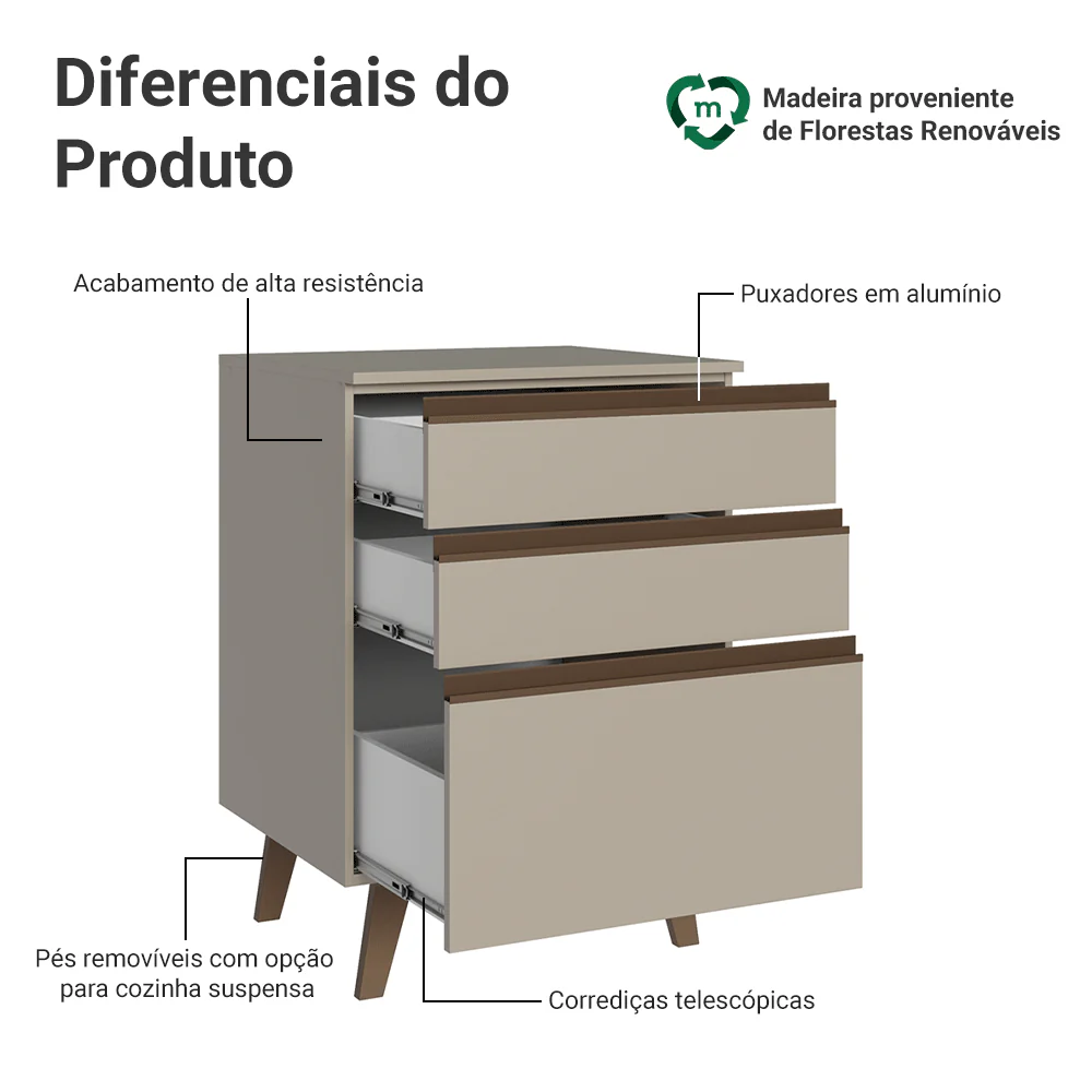 Balcão de Cozinha 60 cm 3 Gavetas Com Pés Crema Nice Madesa - Image 3