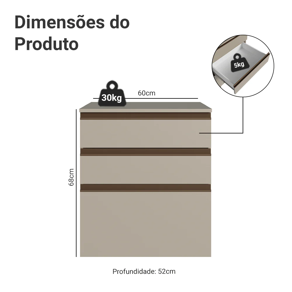 Balcão de Cozinha 60 cm 3 Gavetas Suspenso Crema Nice Madesa - Image 2