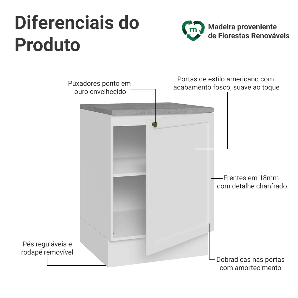 Balcão de Cozinha 60 cm 1 Porta Branco Vik Madesa - Image 3