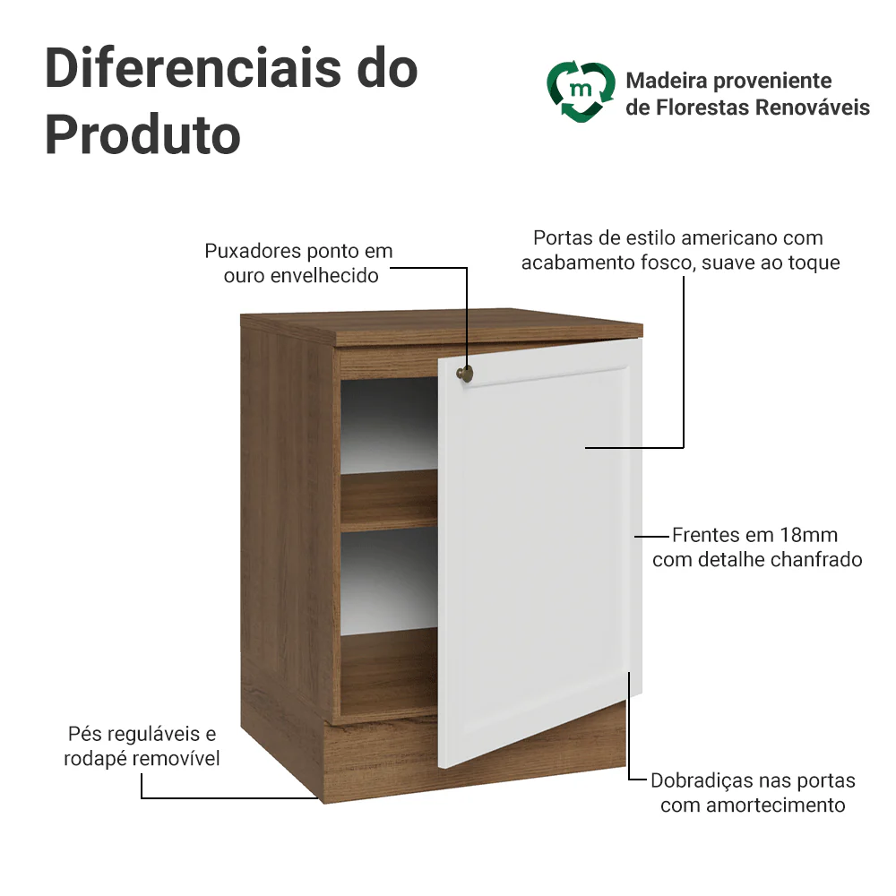 Balcão de Cozinha 60 cm 1 Porta Rustic/Branco Vik Madesa - Image 3