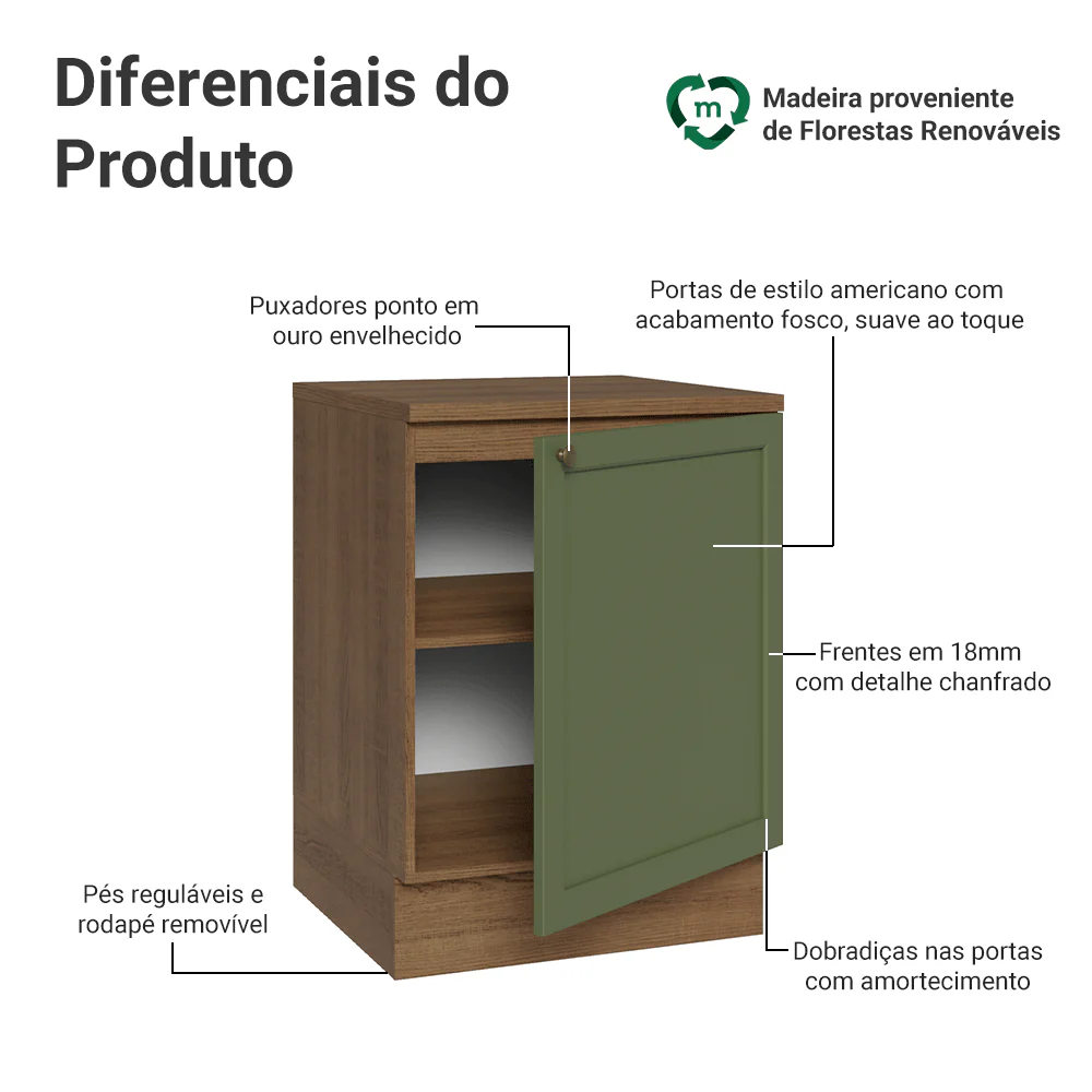 Balcão de Cozinha 60 cm 1 Porta Rustic/Verde Vik Madesa - Image 3