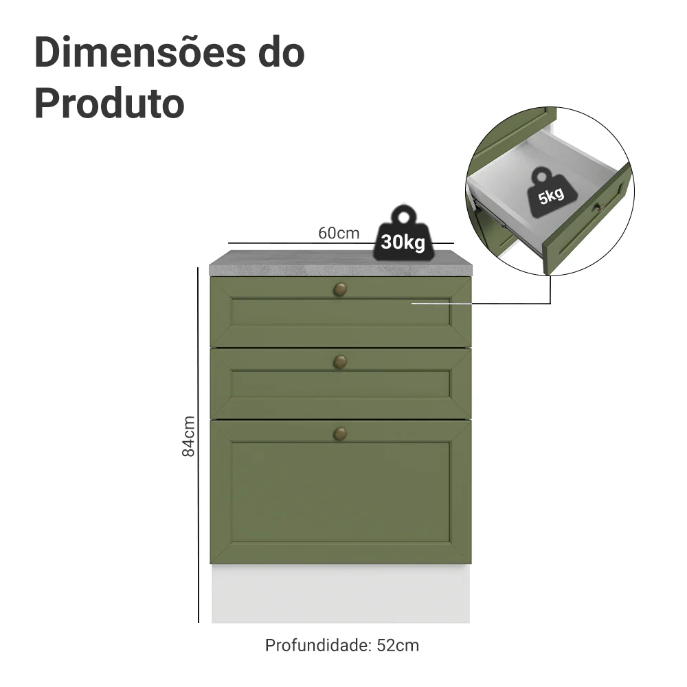 Balcão de Cozinha 60 cm 3 Gavetas Branco/Verde Vik Madesa - Image 2