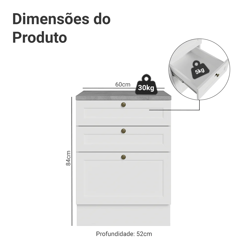 Balcão de Cozinha 60 cm 3 Gavetas Branco Vik Madesa - Image 2