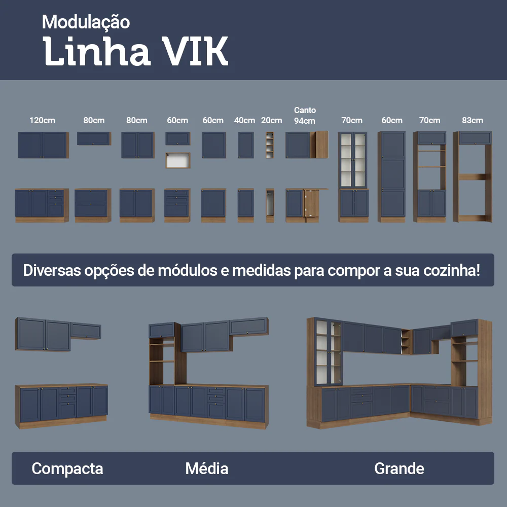 Balcão de Cozinha 60 cm 3 Gavetas Rustic/Azul Vik Madesa - Image 10