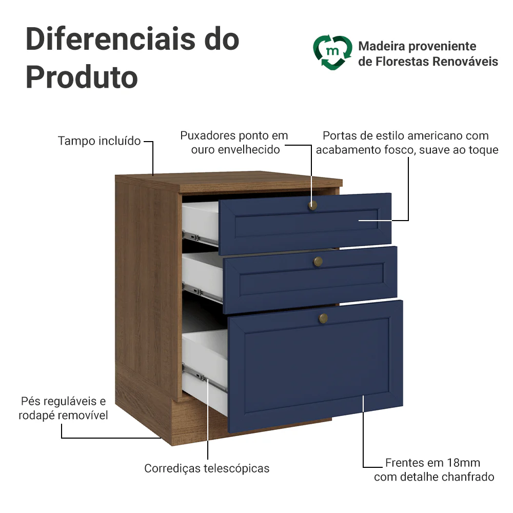 Balcão de Cozinha 60 cm 3 Gavetas Rustic/Azul Vik Madesa - Image 3