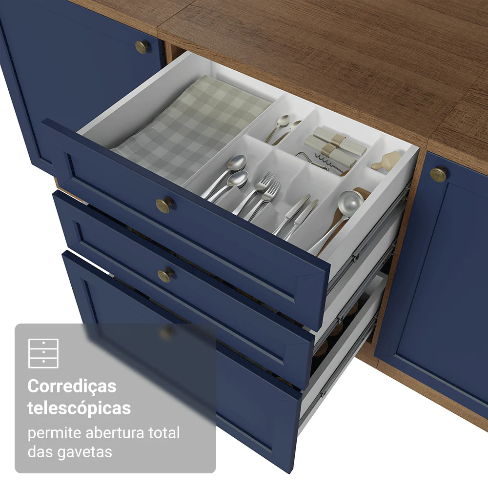 Balcão de Cozinha 60 cm 3 Gavetas Rustic/Azul Vik Madesa - Image 7