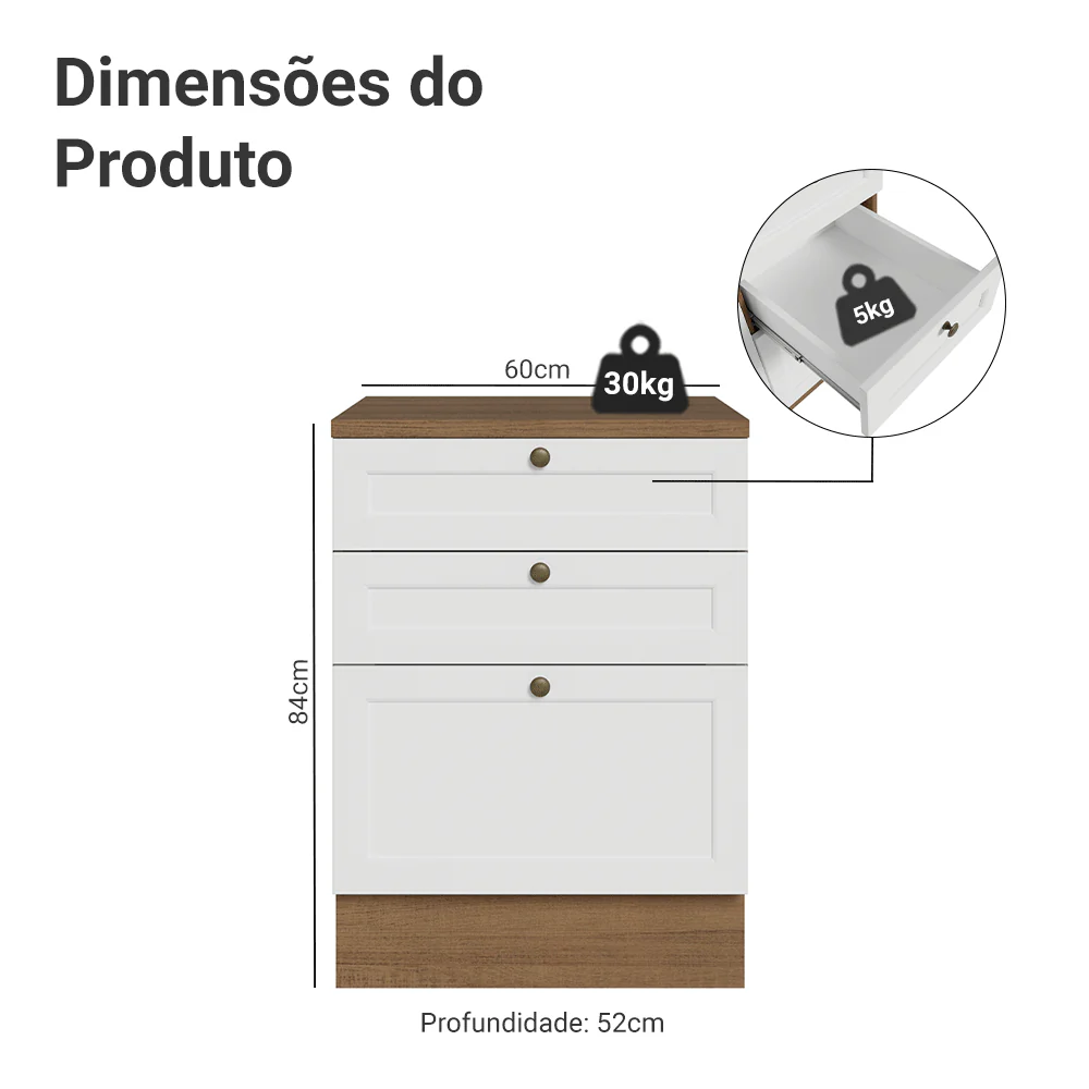 Balcão de Cozinha 60 cm 3 Gavetas Rustic/Branco Vik Madesa - Image 2