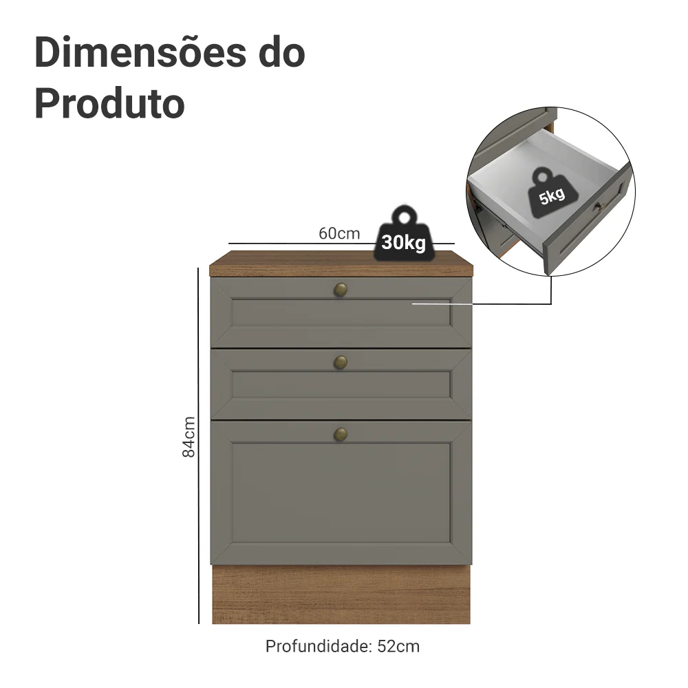 Balcão de Cozinha 60 cm 3 Gavetas Rustic/Cinza Vik Madesa - Image 2