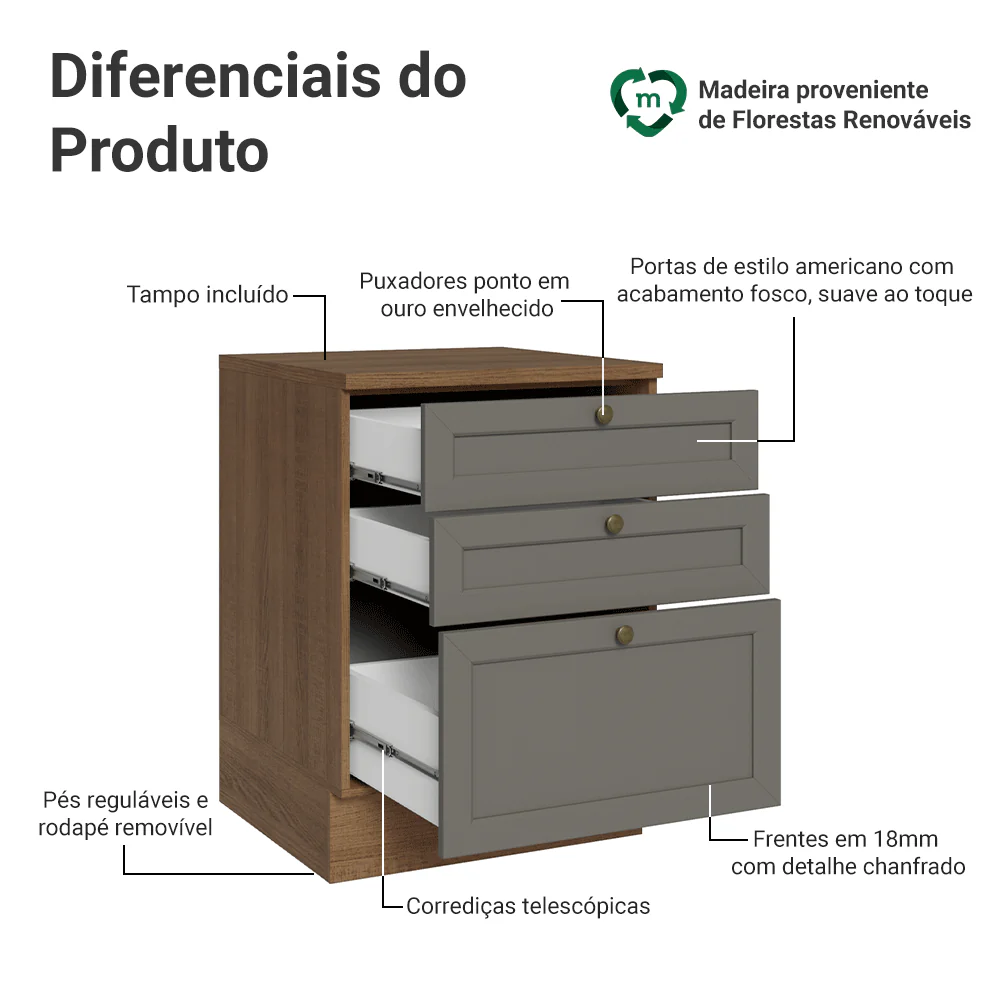 Balcão de Cozinha 60 cm 3 Gavetas Rustic/Cinza Vik Madesa - Image 3
