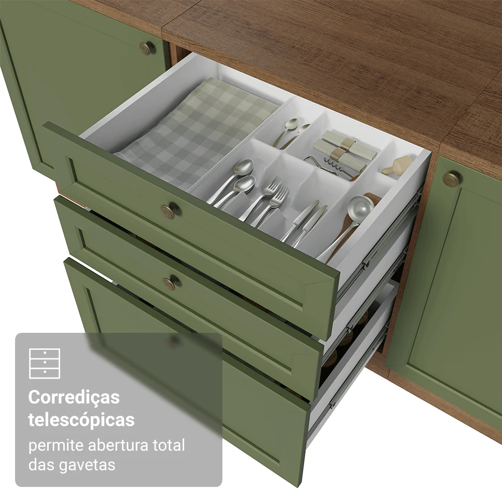 Balcão de Cozinha 60 cm 3 Gavetas Rustic/Verde Vik Madesa - Image 7