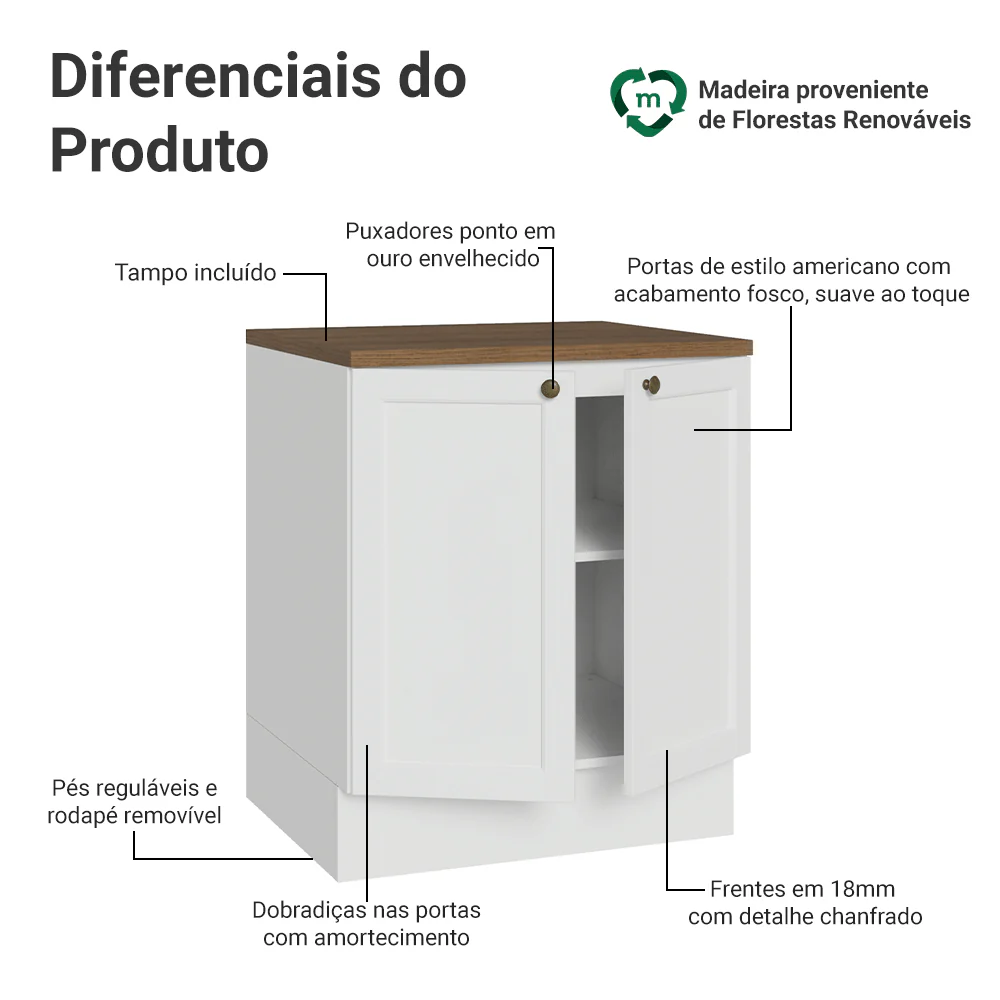 Balcão de Cozinha 70 x 60 cm 2 Portas (Com Tampo) Branco/Rustc Vik Madesa - Image 3