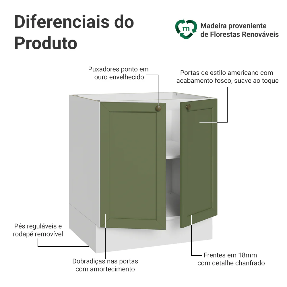 Balcão de Cozinha 70 x 60 cm 2 Portas (Sem Tampo) Branco/Verde Vik Madesa - Image 3