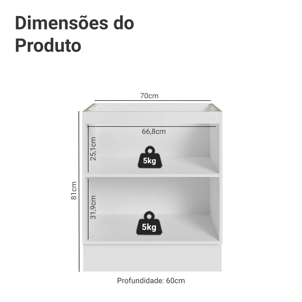 Balcão de Cozinha 70 x 60 cm 2 Portas (Sem Tampo) Branco Vik Madesa - Image 2