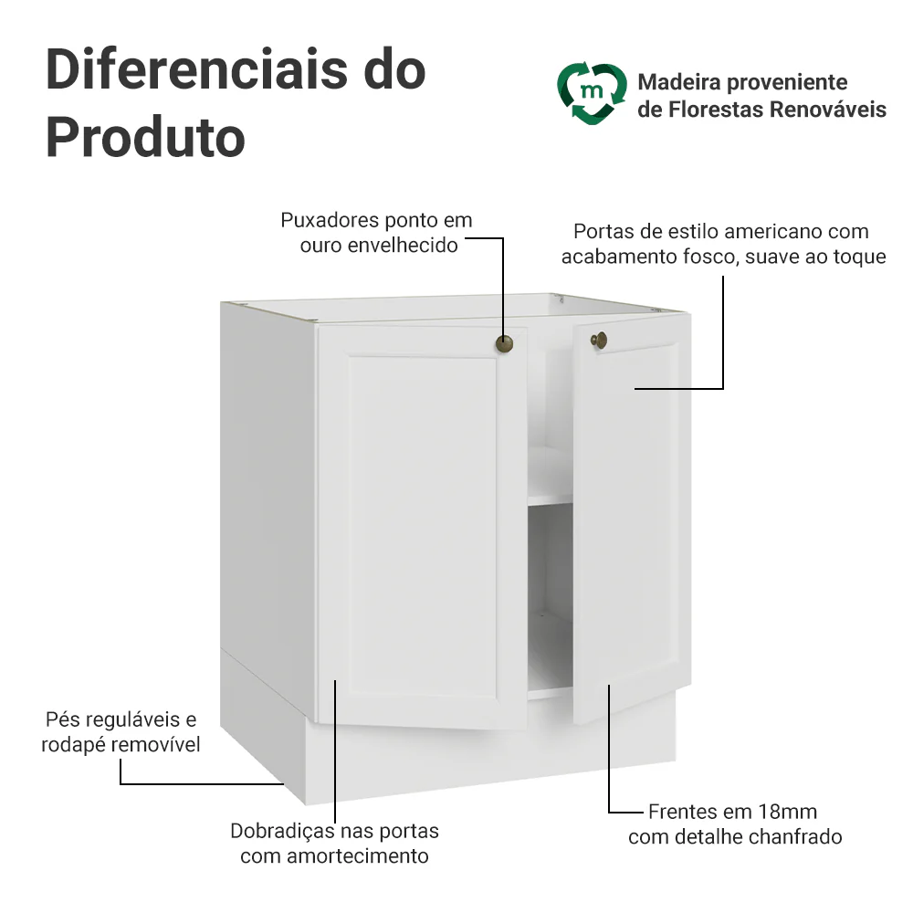 Balcão de Cozinha 70 x 60 cm 2 Portas (Sem Tampo) Branco Vik Madesa - Image 3