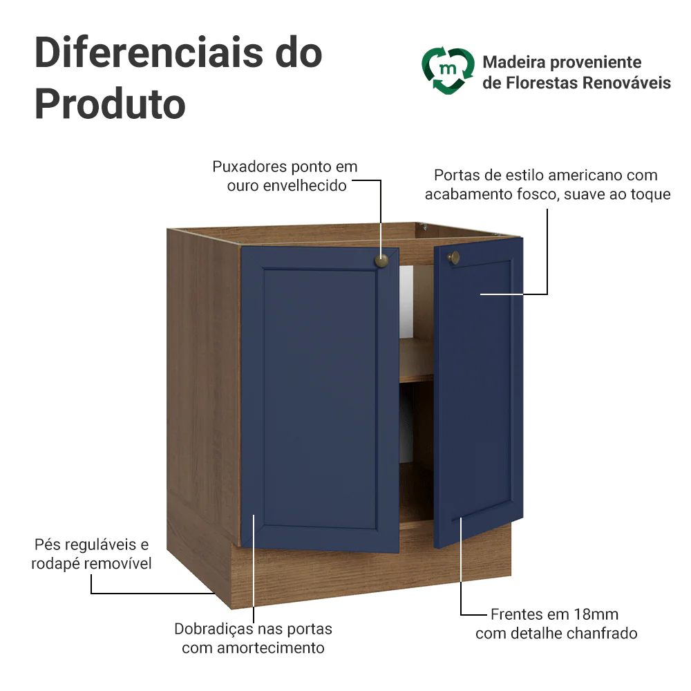 Balcão de Cozinha 70 x 60 cm 2 Portas (Sem Tampo) Rustic/Azul Vik Madesa - Image 3
