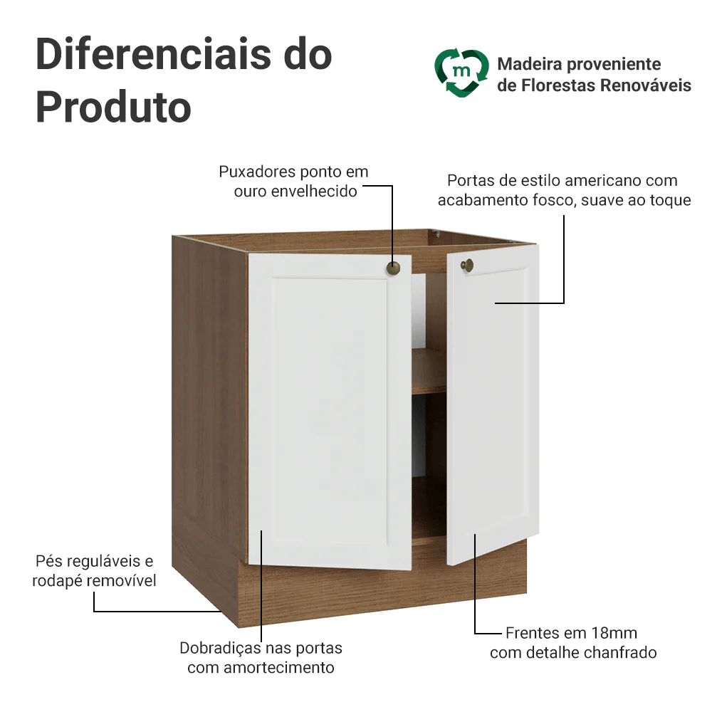 Balcão de Cozinha 70 x 60 cm 2 Portas (Sem Tampo) Rustic/Branco Vik Madesa - Image 3