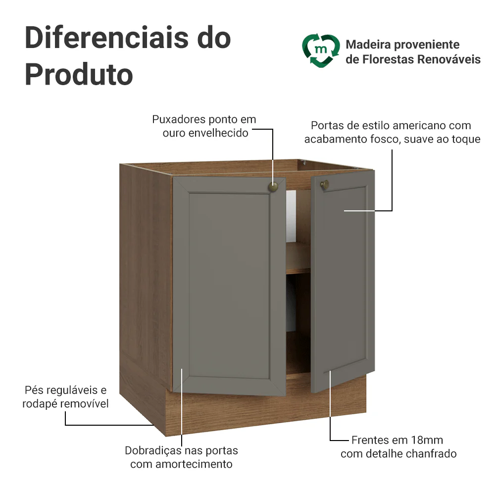 Balcão de Cozinha 70 x 60 cm 2 Portas (Sem Tampo) Rustic/Cinza Vik Madesa - Image 3