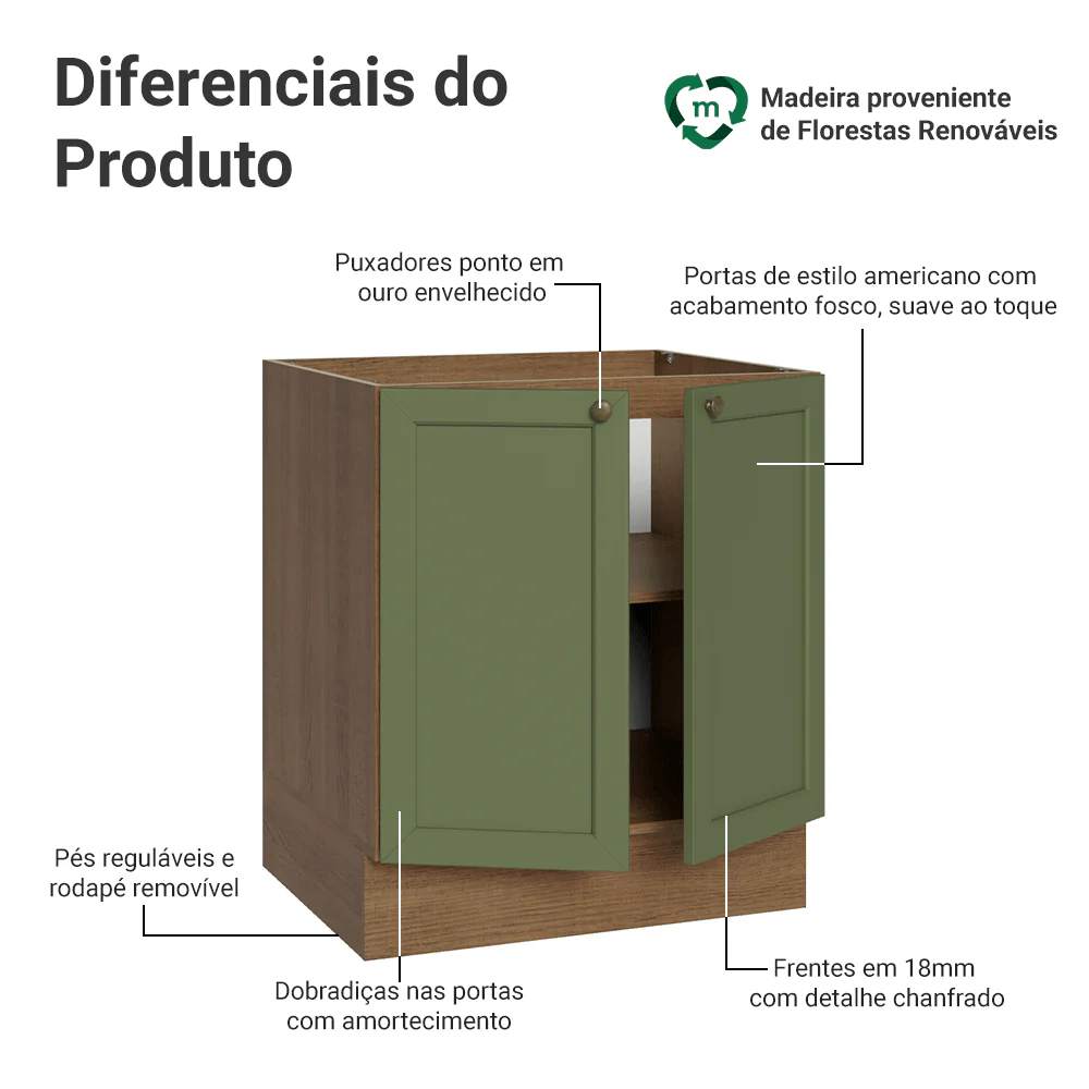 Balcão de Cozinha 70 x 60 cm 2 Portas (Sem Tampo) Rustic/Verde Vik Madesa - Image 3