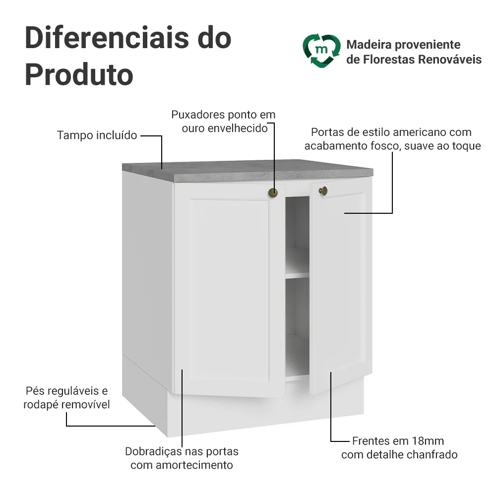 Balcão de Cozinha 70 cm 2 Portas Branco Vik Madesa - Image 3